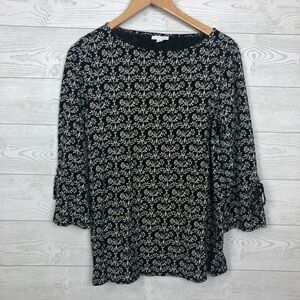 J Jill Women's Small Printed Boatneck Top Bell Sleeve Cotton Blend Floral Print